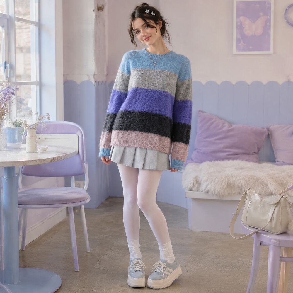 En Creme Under the Stars Womens Sweater Sz M Fuzzy Colorblock Indie Y2K Cozy